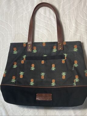 Black Pineapple Print Canvas Tote with Brown Handles